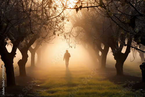 Farmer silhouette walking through a mist-covered orchard at dawn. Man having a walk between trees. Generative AI