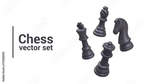 Set of floating realistic black chess pieces. Movement effect. King, queen, officer, knight