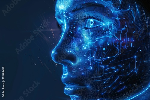 Blue-colored human face with an artificial concept. Generative Ai