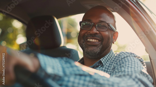 Joyous man driving, his laughter illuminating the car's interior.