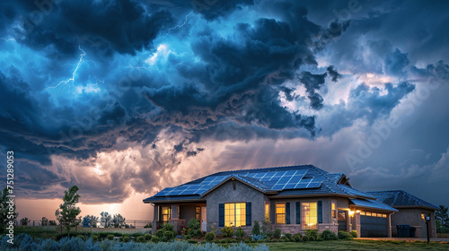 A dramatic storm rolling in over a smart home equipped with solar panels, highlighting the resilience and adaptability of renewable energy solutions.