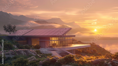 A dreamy sunrise scene featuring a contemporary residence adorned with solar panels, casting a warm glow over the landscape, heralding a new day in renewable living.