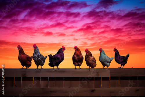 Group of chickens roosting on a wooden fence at sunset. Generative AI © Nomad_Soul