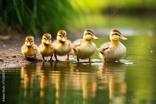 Cute ducklings walking in a line towards a glistening pond. Generative AI