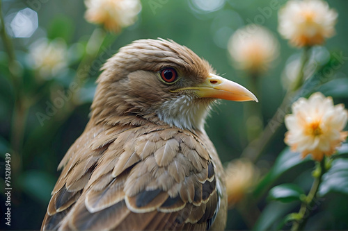 Close Up of a Brown Songbird on a Floral Bokeh Background