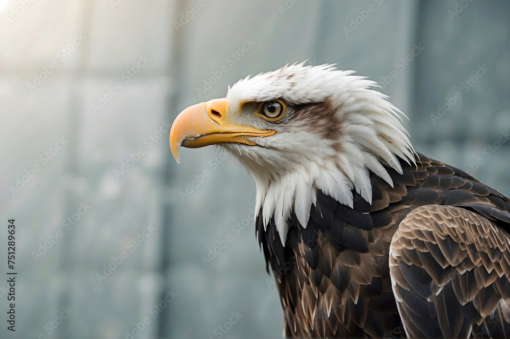 Obraz premium Powerful Bald Eagle Profile View on a Light Gray Background