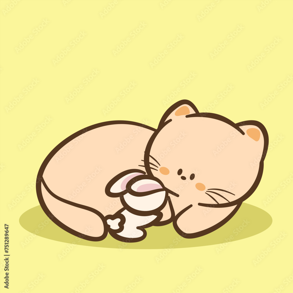 Hand draw cute Cat and Rabbit cartoon character vector on color background. Cartoon character design. Cute Animals character for kids. Vector illustration. Hand draw cute Cat and Rabbit cartoon character vector on color background. Cartoon character design. Cute Animals character for kids. Vector illustration.