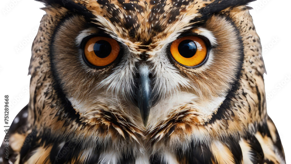 Obraz premium Owl, Photo of a Owl isolated on Plain White Background, Photo Studio Shoot of Owl with a Transparent/PNG Background