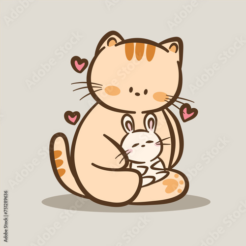 Hand draw cute Cat and Rabbit cartoon character vector on color background. Cartoon character design. Cute Animals character for kids. Vector illustration.
