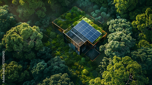 A drone's-eye view of a high-tech dwelling, its solar panels harnessing the power of the sun amidst an expanse of vibrant greenery.