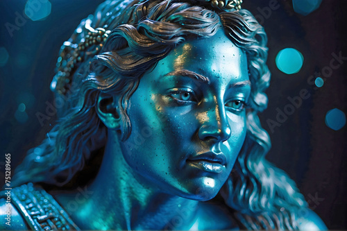 Stone Statue of a Greek Goddess with Realistic Eyes Bathed in Cinematic Dark Blue Lighting
