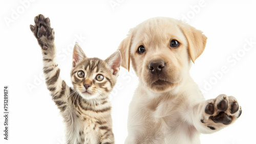 Kitten and puppy wave hello, an adorable duo reaching out in friendship.