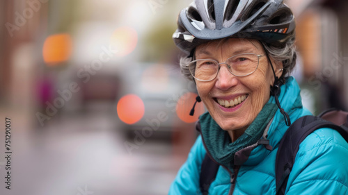 Joyful senior woman cyclist enjoys a city ride, vibrant background. © VK Studio