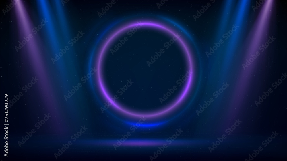 Pink blue purple spotlight backdrop. Stage, pink blue circular lighting background. Light fluorescent ring on dark backdrop. Round frame. Glowing violet circle. Background displaying products. Vector