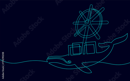 One continuous line wheel helm computer developer app concept. Business digital open source program. Data coding steering vector line illustration