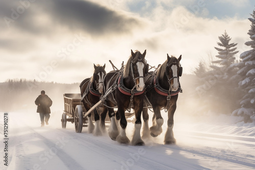 Man running two beautiful horses in winter. Generative AI