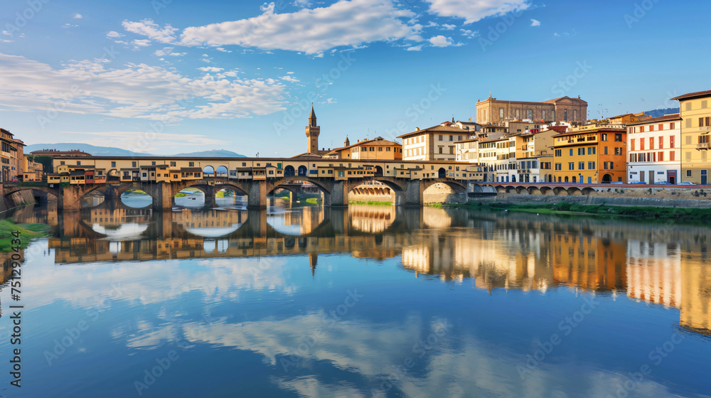 A bridge over the calm Arno river in Florence Italy