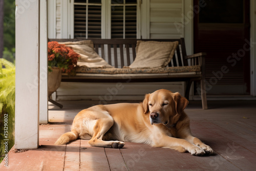Farm dog lounging on a porch. Generative AI