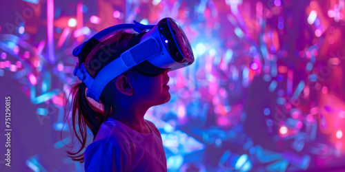 Child with VR headset immersed in a vivid neon light experience, futuristic ambiance, purple and pink hues.