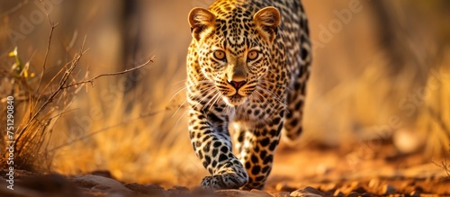 A young African leopard gracefully prowling across a dry grass-covered field in the wilderness of southern Africa. The leopards sleek movements captivate observers as it navigates the untouched nature photo