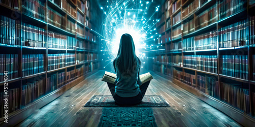 Girl sitting on the floor in a library with books, illuminated by a glowing orb of light with digital networks.