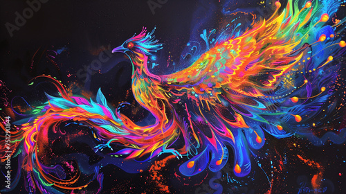 A neon phoenix rising from the ashes, its vibrant plumage ablaze with the colors of a thousand suns.