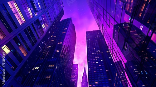 Vibrant purple and pink sky between high-rise buildings at dusk, with illuminated windows, creating a dynamic urban nightscape.
