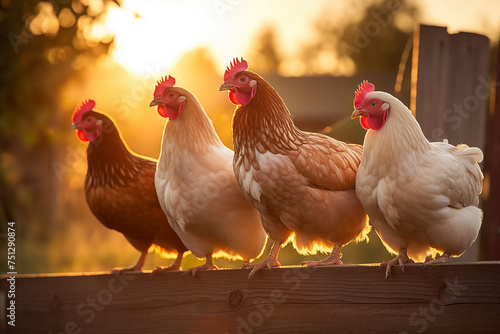 Chickens roosting on a wooden fence. Generative AI