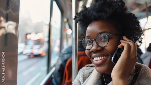 Smiling woman on a bus call, a slice of daily life in public transport.