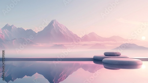 Tranquil zen-like landscape with stacked stones, serene pink sunset, mountain reflections on water, with ample copy space, ideal for wellness or meditation backgrounds