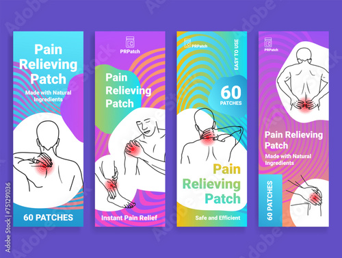 Pain relieving patch package label physical injury medical urgency set design template vector