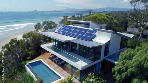 A pristine beachfront showcasing a contemporary smart home with solar panels, standing resilient against the elements, a testament to sustainable coastal living. photo