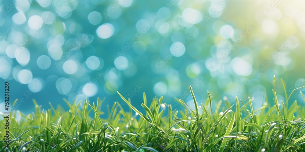 Fresh spring grass with dew drops against a soft bokeh background, ideal for nature concepts or environmental campaigns with copy space for text