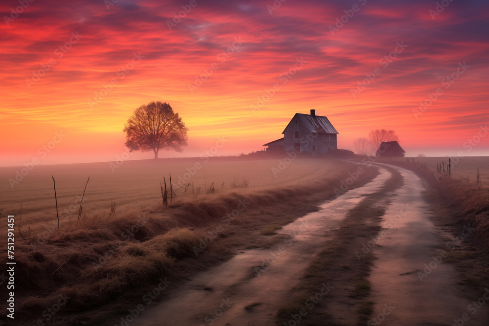 Serene sunrise over a tranquil farmstead. Generative AI