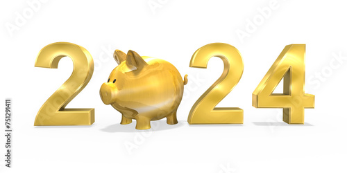 3d Sparschwein mit Jahreszahl 2024 in Gold mit transparenten Hintergrund, freigestellt