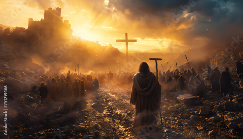 Recreation of people  in front of a large wooden cross in a ancient place photo