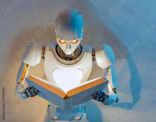 Roboter liest in einem geöffneten Buch, Perspektive von Oben