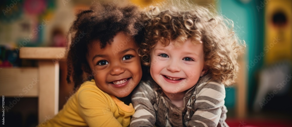 Two young children, a boy, and a girl, lie on a bed with their arms wrapped around each other in a warm embrace. They are smiling and appear comfortable and happy in each others company.