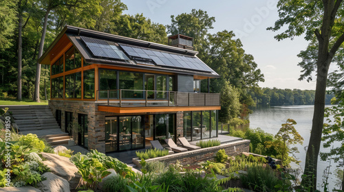 A serene lakeside setting showcasing a modern smart home with solar panels, reflecting tranquility and eco-conscious living.