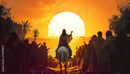 Recreation from back of triumphal entry to jerusalem of Jesus Christ riding a white donkey, cartoon	 photo