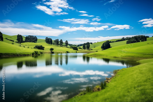 Tranquil pond nestled amidst rolling green hills. Generative AI