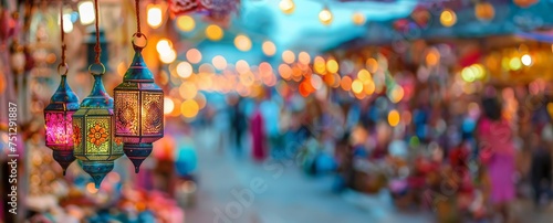 Traditional ornate lanterns hanging at an Eastern market with a blurred background of a bustling bazaar, suitable for Ramadan backgrounds with copyspace