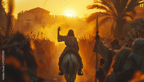 Recreation of triumphal entry to jerusalem of Jesus riding a white donkey