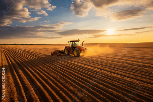 Wheat farmer driving a tractor across endless golden fields. Generative AI photo
