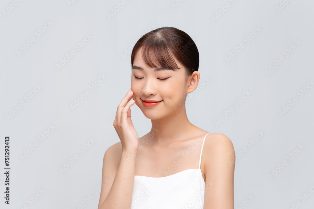 Close up gorgeous young girl posing beauty gesture with healthy Close up gorgeous young girl posing beauty gesture with healthy