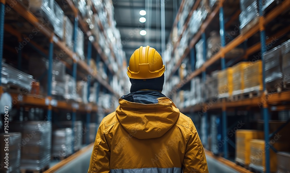 Rear view of a man in a warehouse. Rear view of a man in a warehouse.