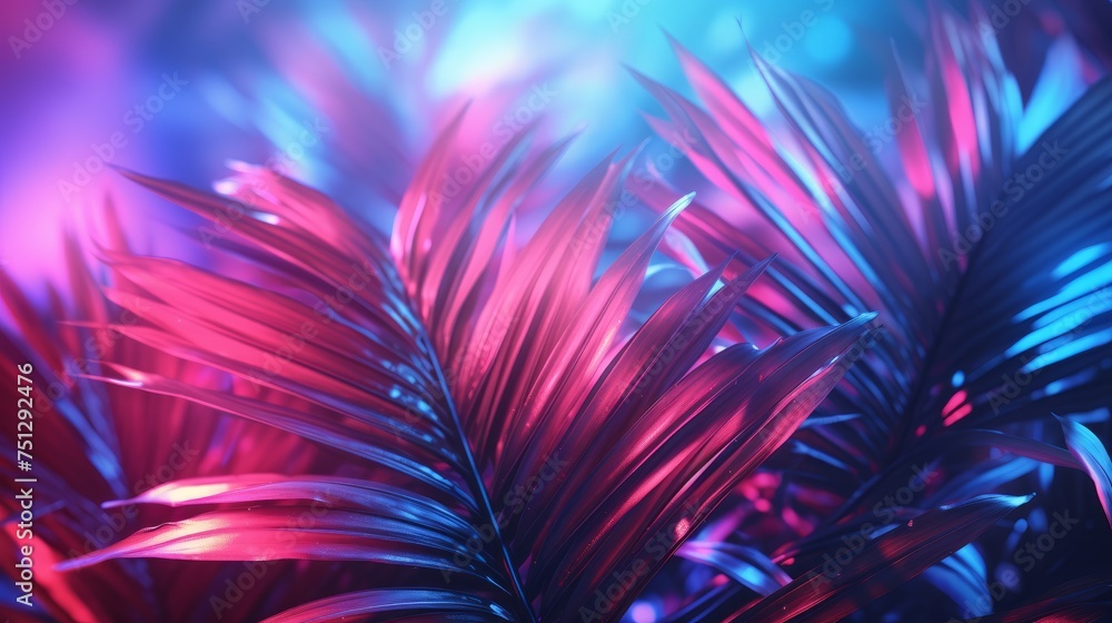Minimal background with tropical leaves in vibrant gradient holographic neon color Minimal background with tropical leaves in vibrant gradient holographic neon color