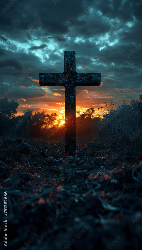 Recreation of a big cross in a field at cloudy sunset