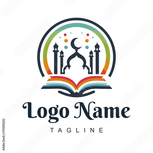 Colored mosque silhouette logo, and the book of the Koran