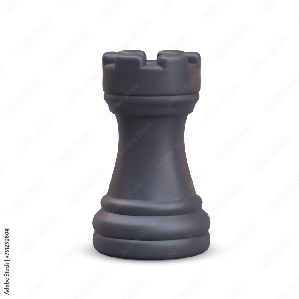 Black rook on white background. Strong figure for strategic board game Black rook on white background. Strong figure for strategic board game